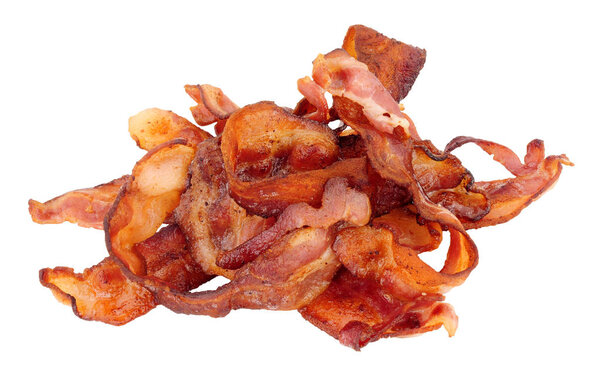 Fried streaky bacon slices isolated on a white background