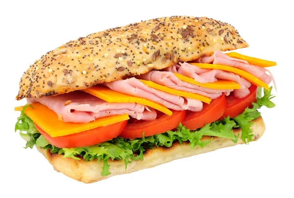 Beyaz bir arka plan üzerinde izole jambon ve peynir salata sandviç rulo