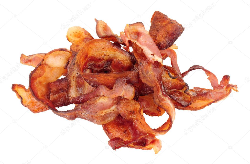 Fried streaky bacon slices isolated on a white background