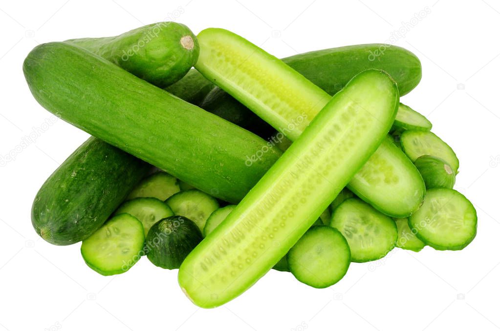 Group of small baby cucumbers isolated on a white background