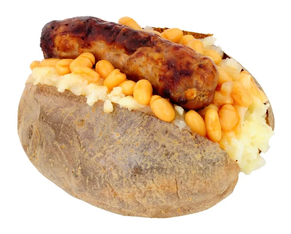Sausage Baked Bean Filled Baked Jacket Potato Isolated White Background — Stock Photo, Image