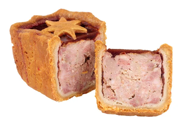 Tranbärssås Toppad Pork Pie Dekorerad Med Bakelse Stjärna Isolerad Vit — Stockfoto