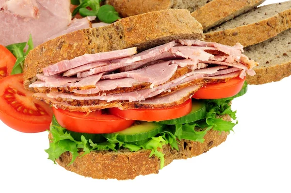 Roast Ham Salad Filled Sandwich Isolated White Background — Stock Photo, Image