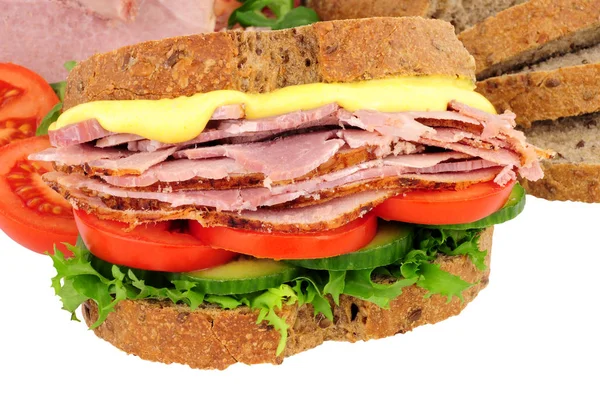 Roast Ham Salad Filled Sandwich Isolated White Background — Stock Photo, Image