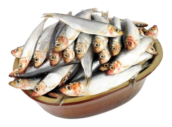 Danie Rustykalne Wypełnione Szprotki Świeże Surowe Ryby Białym Tle Białym — Zdjęcie stockowe