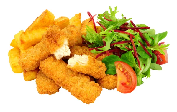 Breadcrumb Belagda Kyckling Fingrar Och Chips Måltid Med Sallad Isolerad — Stockfoto