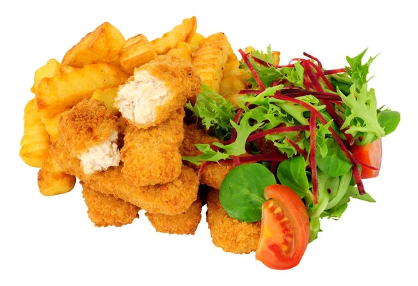 Breadcrumb Gecoat Kip Vingers Chips Maaltijd Met Salade Geïsoleerd Een — Stockfoto