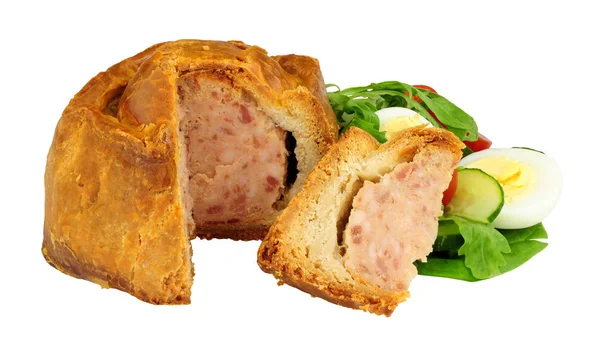 Crusty Handmade Savoury Pork Pie Salad Boiled Egg Isolated White — Stock Photo, Image