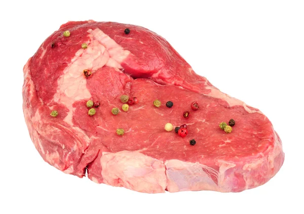 Frisches Roh Rib Eye Rindersteak Mit Pfefferkörnern Isoliert Auf Weißem — Stockfoto