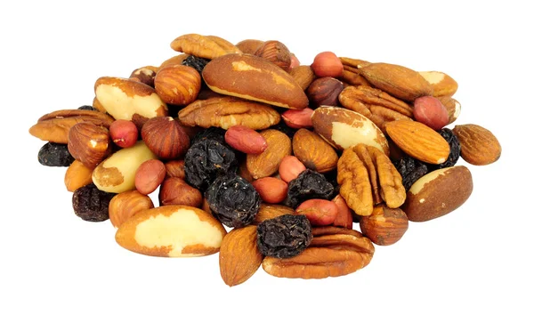 Group Mixed Shelled Nut Kernels Raisins Brazil Nuts Peanuts Hazelnuts — Stock Photo, Image