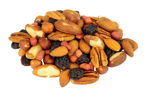 Group Mixed Shelled Nut Kernels Raisins Brazil Nuts Peanuts Hazelnuts — Stock Photo, Image