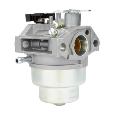 Basit bir benzin çim biçme makinesi karbüratörü beyaz arka planda izole edilmiş.