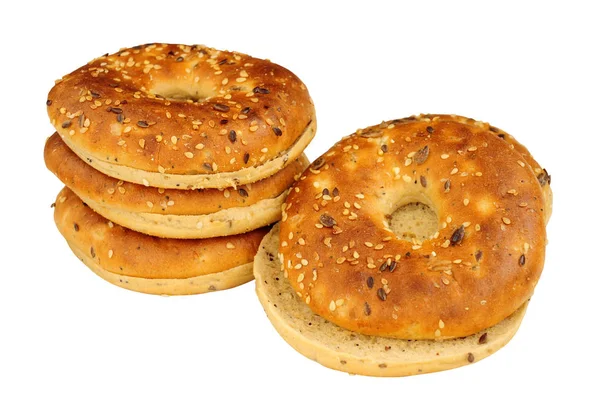 Group Multigrain Covered Bagels Isolated White Background — Stock Photo, Image