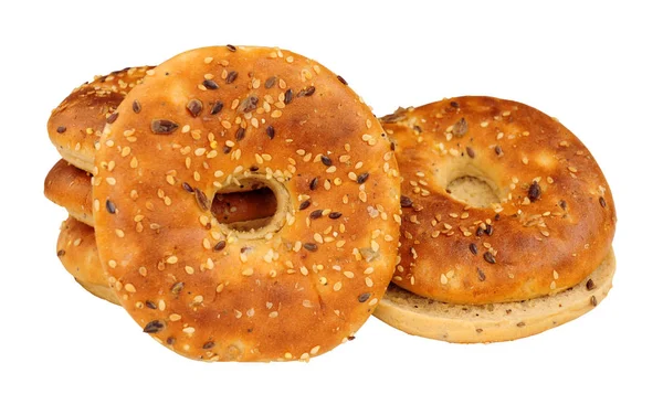 Group Multigrain Covered Bagels Isolated White Background — Stock Photo, Image