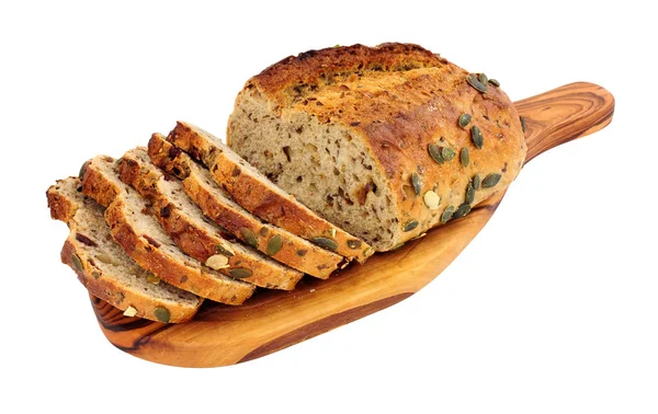 Stone Baked Pumpkin Seed Bread Loaf Wooden Board Isolated White — Stock Photo, Image