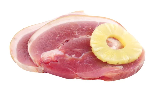 Két Nyers Füstölt Patkó Gammon Steak Izolált Fehér Alapon — Stock Fotó