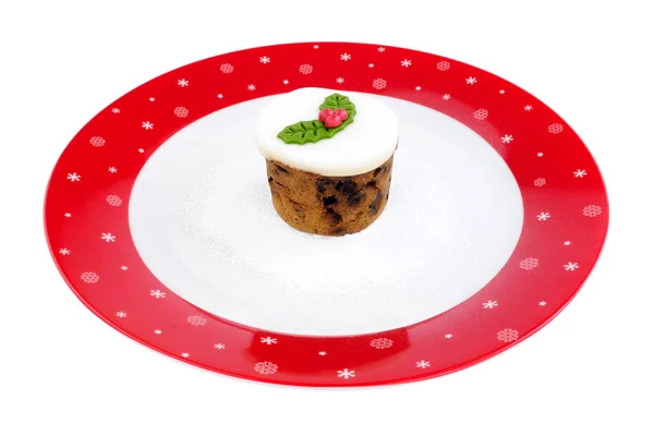 Mini Kerst Fruit Taart Een Grote Feestelijke Versierde Plaat Geïsoleerd — Stockfoto