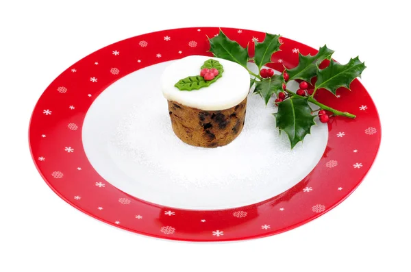 Mini Christmas Fruit Cake Large Festive Decorated Plate Isolated White — Stock Photo, Image