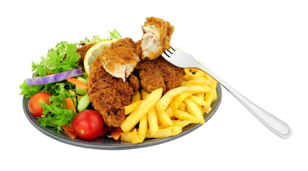 Southern Fried Chicken French Fries Meal Fresh Salad Isolated White — Stock Photo, Image