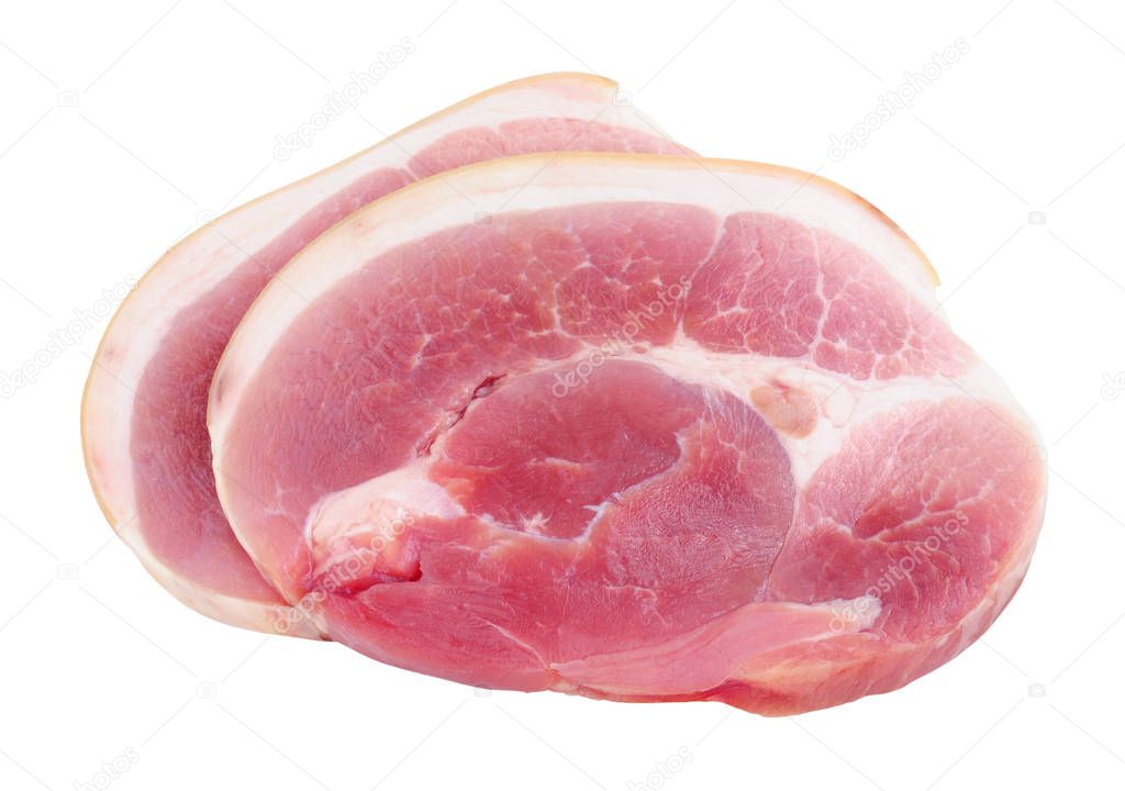 Two raw smoked horseshoe gammon steaks isolated on a white background