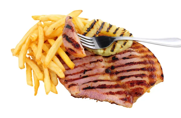 Filete Gammon Herradura Parrilla Papas Fritas Aisladas Sobre Fondo Blanco — Foto de Stock