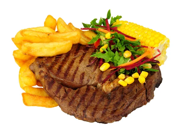 Grilled Rib Eye Steak Chips Meal Salad Sweetcorn Cob Isolated — Stock Photo, Image