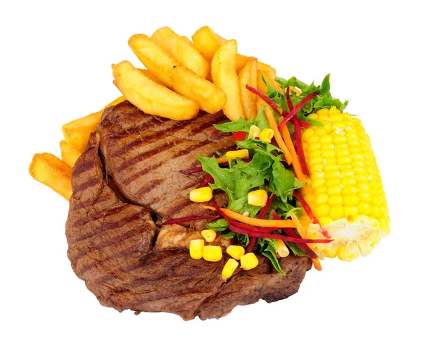 Grilované Žebírko Oko Steak Hranolky Moučka Salátem Kukuřičný Klobása Izolované — Stock fotografie