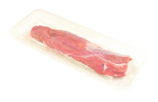 Rohe Schweinelende Plastikverpackungsschale Isoliert Auf Weißem Hintergrund — Stockfoto