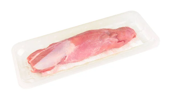 Raw Pork Loin Plastic Packaging Tray Isolated White Background — 스톡 사진