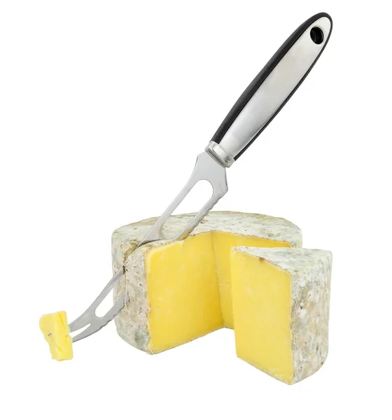 Cueva Envejecida Granja Queso Cheddar Con Cuchillo Queso Aislado Sobre — Foto de Stock