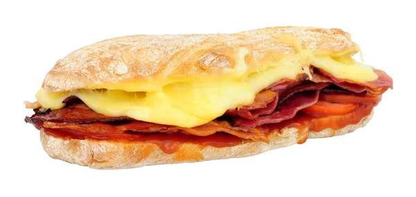Ciabatta Sandwich Filled Bacon Melting Cheese Isolated White Background — Stock Photo, Image