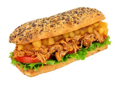 Çoklu tahıllı ekmek dilimlenmiş yavaş pişmiş domuz sandviçi ve beyaz arka planda izole edilmiş Bramley elma sosu.