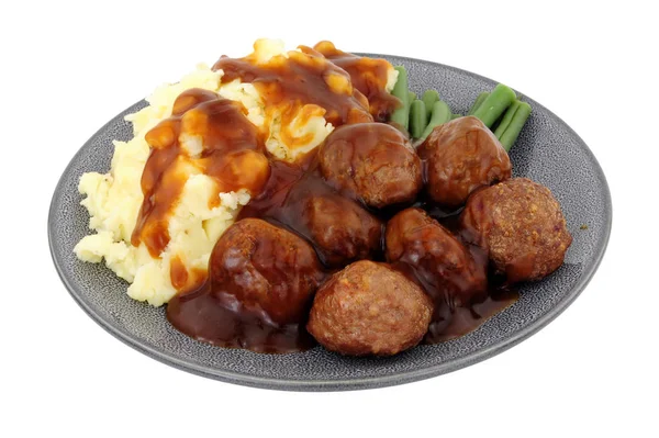 Beef Meatballs Mashed Potato Meal Green Beans Gravy Isolated White — Stock Photo, Image