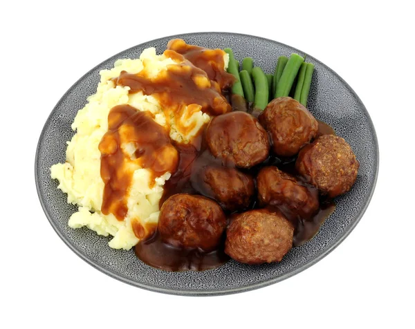 Biefstuk Gehaktballen Aardappelpuree Meel Met Groene Bonen Jus Geïsoleerd Een — Stockfoto