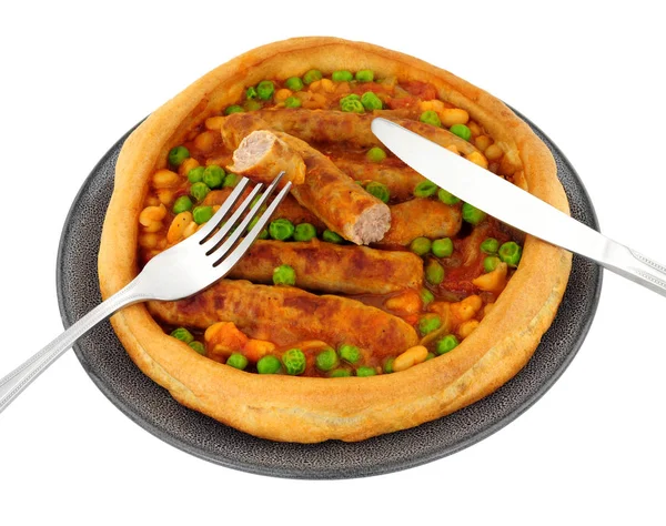 Sausage Bean Casserole Served Large Yorkshire Pudding Isolated White Background — Stock Photo, Image