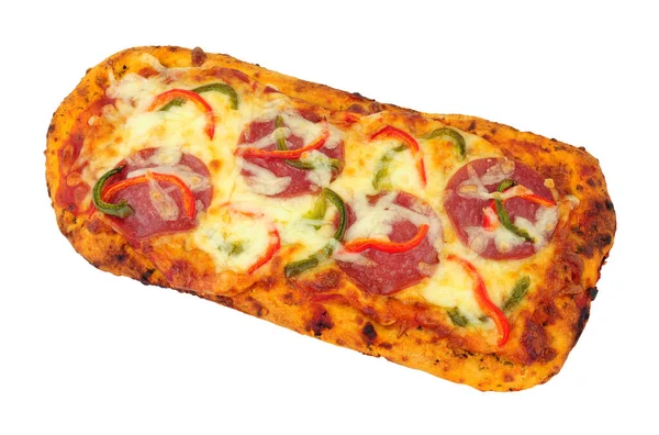 Pepperoni Och Ost Platt Bröd Pizza Isolerad Vit Bakgrund — Stockfoto