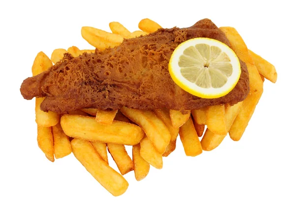 Misshandlad Fisk Och Chips Måltid Isolerad Vit Bakgrund — Stockfoto