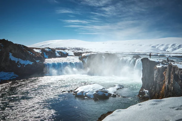 Paisaje Cascada Godafoss Final Del Invierno Día Soleado Islandia — Foto de Stock