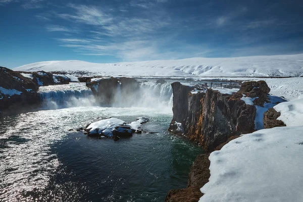 Paisaje Cascada Godafoss Final Del Invierno Día Soleado Islandia — Foto de Stock