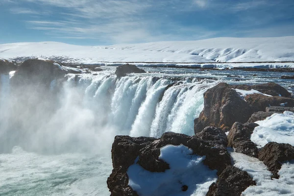 Paisaje Cascada Godafoss Final Del Invierno Día Soleado Islandia — Foto de Stock