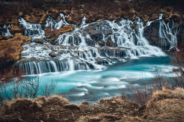 Landskapet Hraunfossar Fossen Hvlta Elven Nær Hallmundarhraun Island – stockfoto