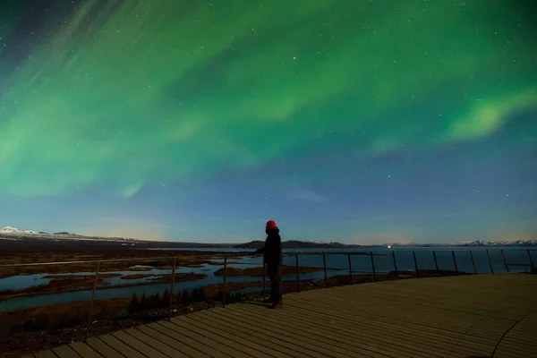 Luz Del Norte Aurora Sobre Parque Nacional Thingvellir Islandia — Foto de Stock