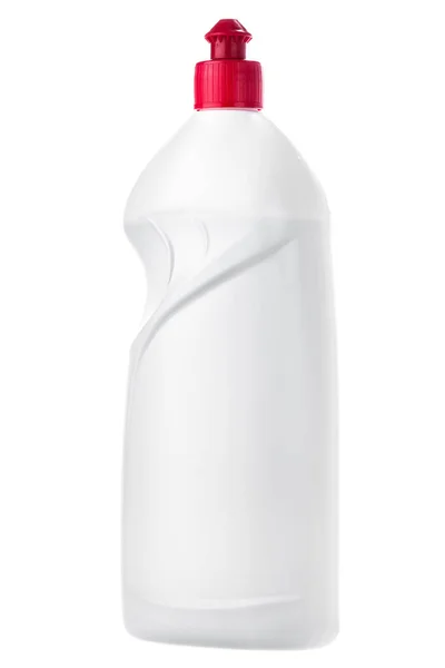 Biały butelka z tworzywa z czerwoną obwolutą. — Zdjęcie stockowe