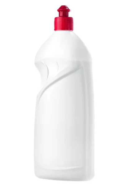 Witte plastic fles met rode kaft. — Stockfoto