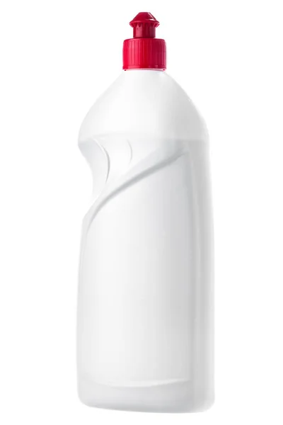 Biały butelka z tworzywa z czerwoną obwolutą. — Zdjęcie stockowe