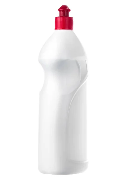 Bílá plastová láhev s červeným krytem. — Stock fotografie