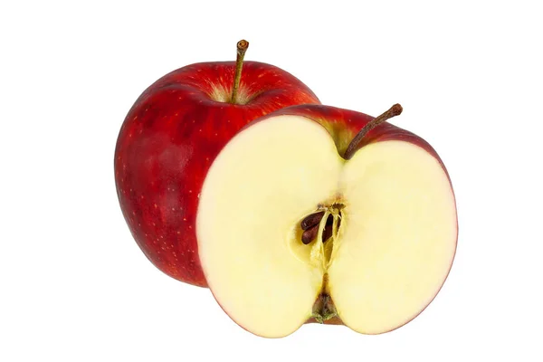 Червоне яблуко ціле і половина шматка . — стокове фото