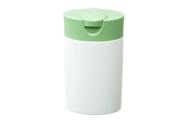 Bottiglia di plastica bianca con coperchio verde isolato . — Foto Stock