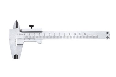 Boyutları ölçmek için vernier kalibreli mühendislik aracı, beyaz arkaplan üzerinde izole nesne.
