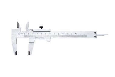 Boyutları ölçmek için vernier caliper teknik aracı, beyaz arkaplan üzerinde izole.